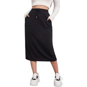 Women's Midi Skirt Drawstring High Waist Sweat Skirts with Pockets